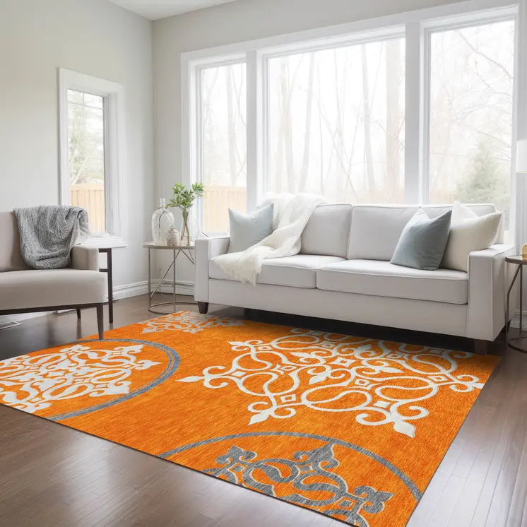 10' X 14' Orange Gray And Ivory Floral Medallion Washable Indoor Outdoor Area Rug