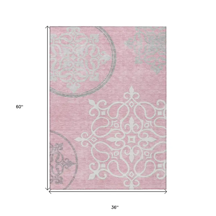 3' X 5' Pink Gray And Ivory Floral Medallion Washable Indoor Outdoor Area Rug
