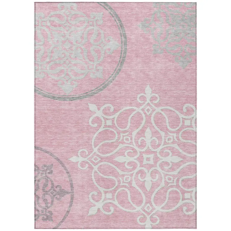 3' X 5' Pink Gray And Ivory Floral Medallion Washable Indoor Outdoor Area Rug
