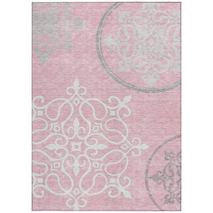 3' X 5' Pink Gray And Ivory Floral Medallion Washable Indoor Outdoor Area Rug