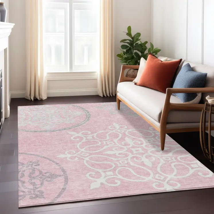 3' X 5' Pink Gray And Ivory Floral Medallion Washable Indoor Outdoor Area Rug