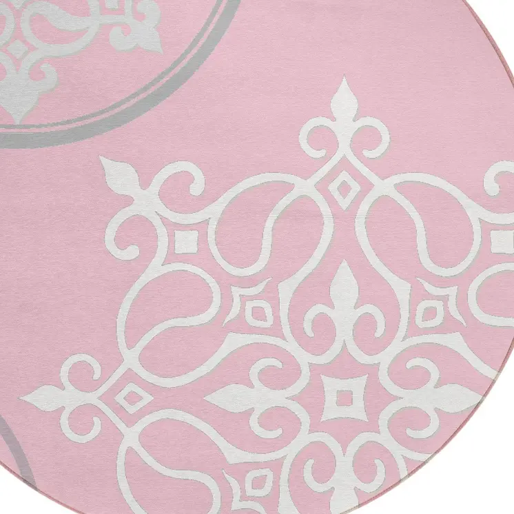 8' Pink Gray And Ivory Round Floral Medallion Washable Indoor Outdoor Area Rug