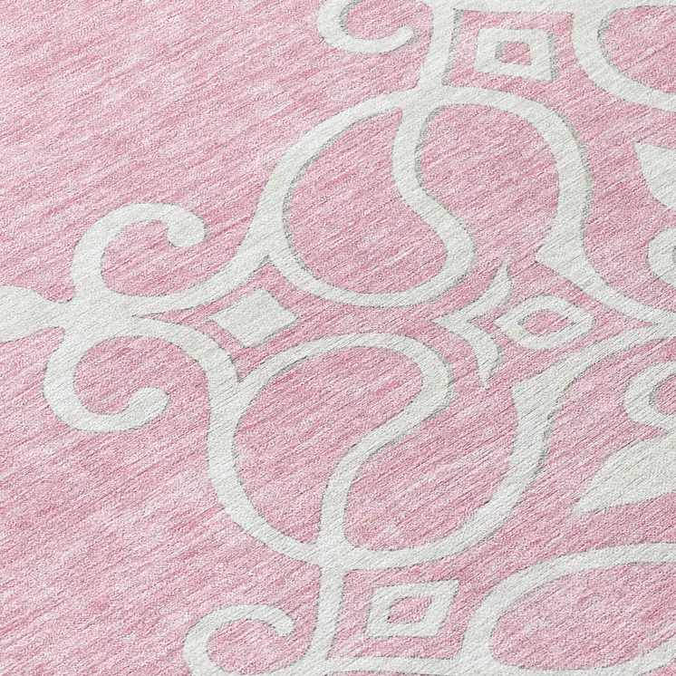 8' Pink Gray And Ivory Round Floral Medallion Washable Indoor Outdoor Area Rug