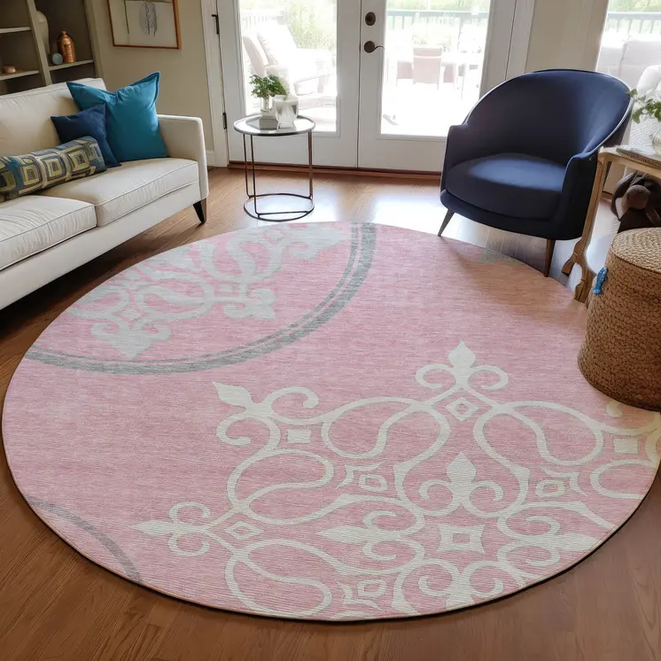 8' Pink Gray And Ivory Round Floral Medallion Washable Indoor Outdoor Area Rug
