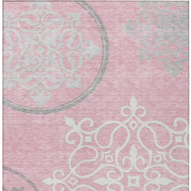 8' X 10' Pink Gray And Ivory Floral Medallion Washable Indoor Outdoor Area Rug