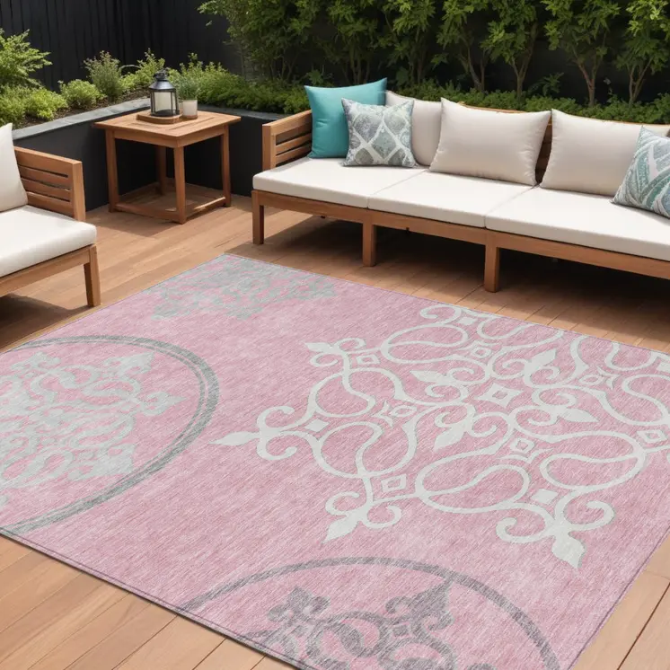 8' X 10' Pink Gray And Ivory Floral Medallion Washable Indoor Outdoor Area Rug