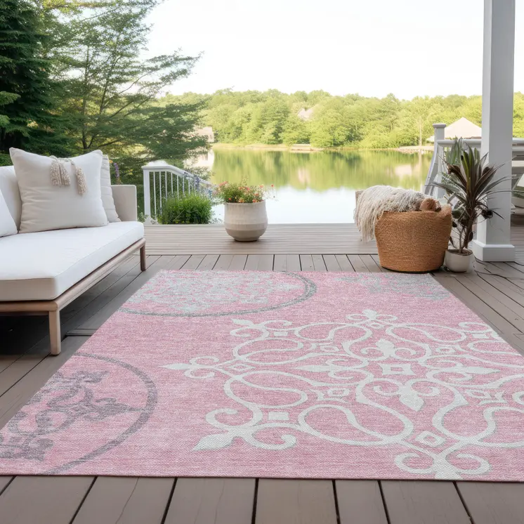 8' X 10' Pink Gray And Ivory Floral Medallion Washable Indoor Outdoor Area Rug