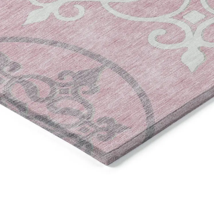 8' X 10' Pink Gray And Ivory Floral Medallion Washable Indoor Outdoor Area Rug