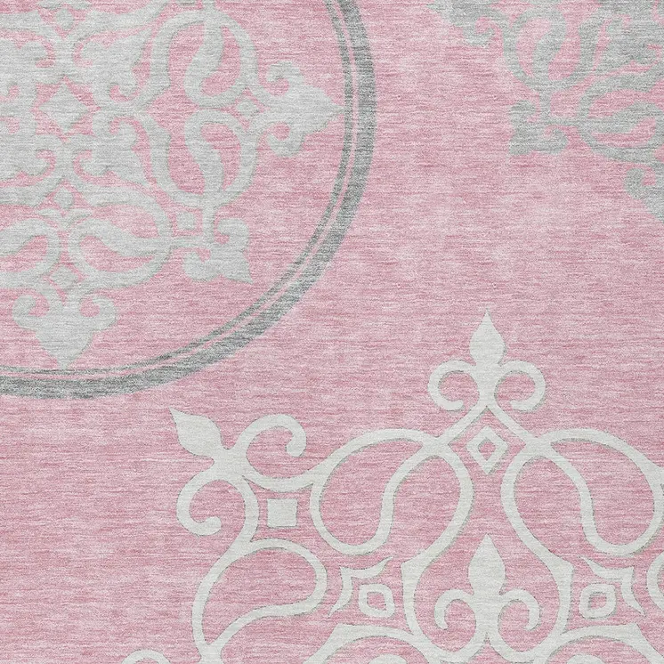 8' X 10' Pink Gray And Ivory Floral Medallion Washable Indoor Outdoor Area Rug