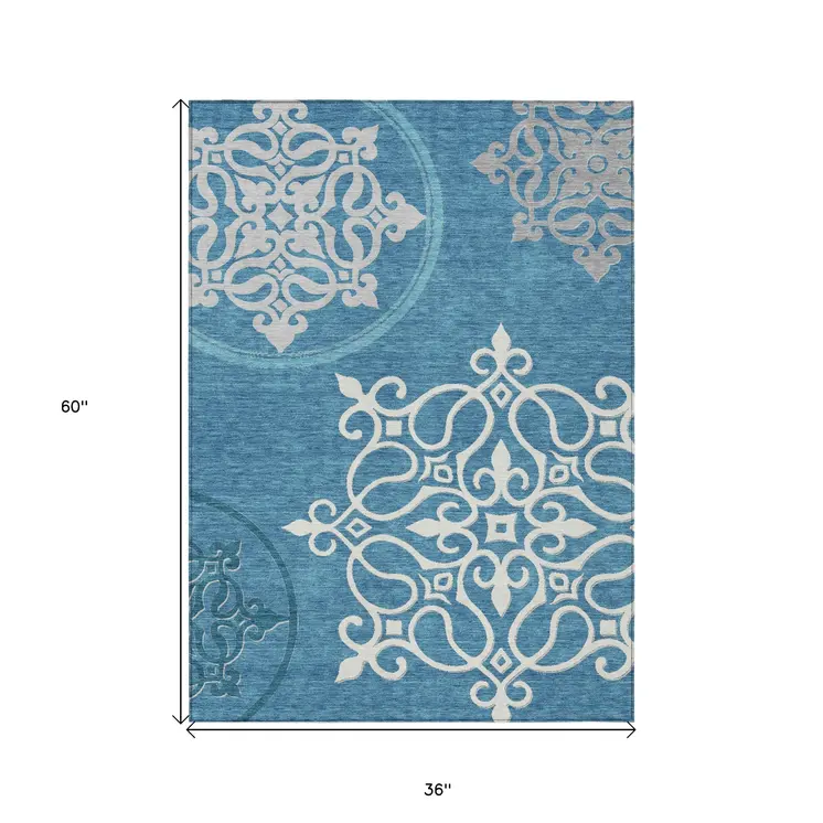 3' X 5' Teal Blue Gray And Ivory Floral Medallion Washable Indoor Outdoor Area Rug