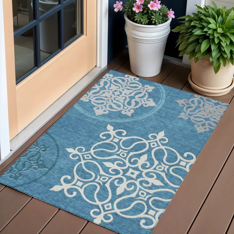 3' X 5' Teal Blue Gray And Ivory Floral Medallion Washable Indoor Outdoor Area Rug
