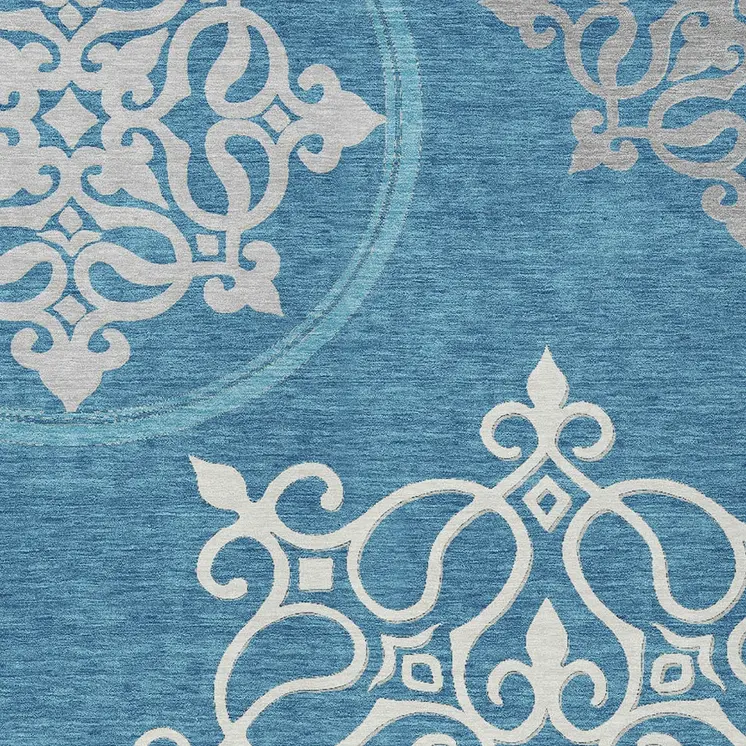 3' X 5' Teal Blue Gray And Ivory Floral Medallion Washable Indoor Outdoor Area Rug