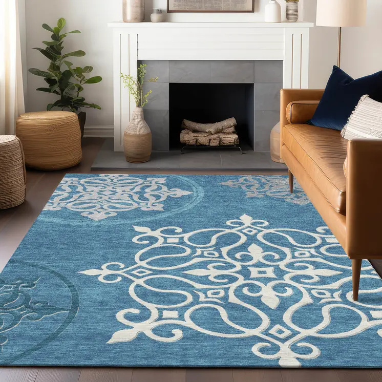 3' X 5' Teal Blue Gray And Ivory Floral Medallion Washable Indoor Outdoor Area Rug