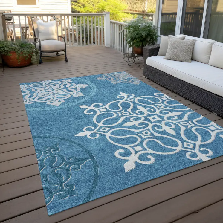 5' X 8' Teal Blue Gray And Ivory Floral Medallion Washable Indoor Outdoor Area Rug