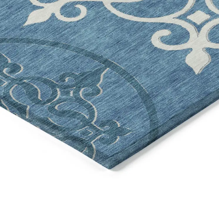 5' X 8' Teal Blue Gray And Ivory Floral Medallion Washable Indoor Outdoor Area Rug
