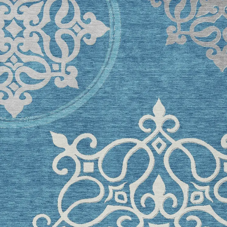 5' X 8' Teal Blue Gray And Ivory Floral Medallion Washable Indoor Outdoor Area Rug