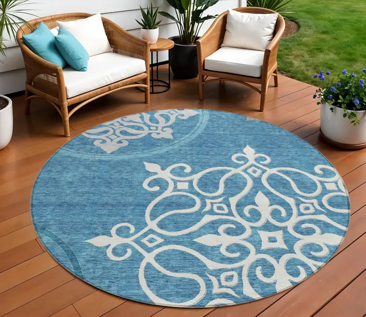 8' Teal Blue Gray And Ivory Round Floral Medallion Washable Indoor Outdoor Area Rug