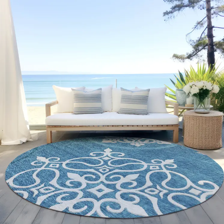 8' Teal Blue Gray And Ivory Round Floral Medallion Washable Indoor Outdoor Area Rug