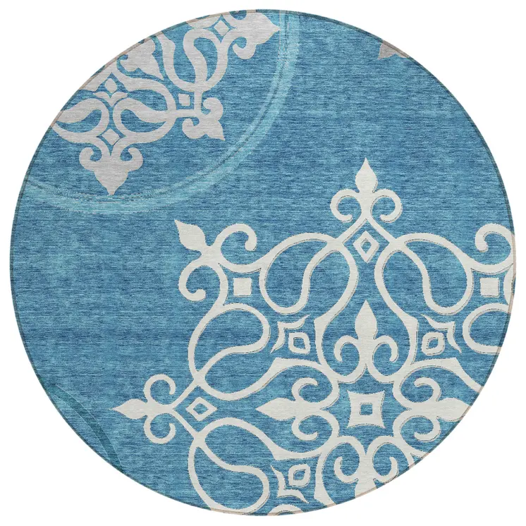 8' Teal Blue Gray And Ivory Round Floral Medallion Washable Indoor Outdoor Area Rug