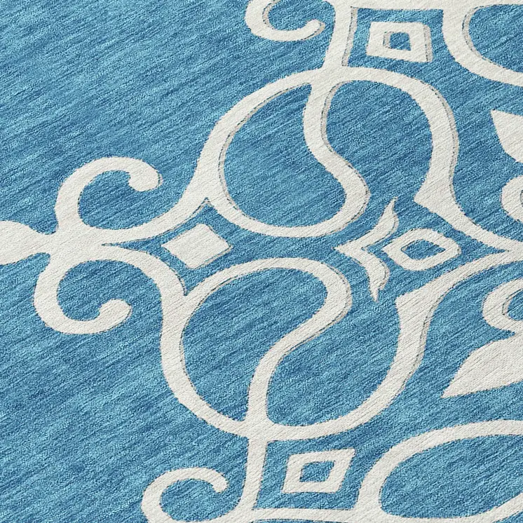8' Teal Blue Gray And Ivory Round Floral Medallion Washable Indoor Outdoor Area Rug