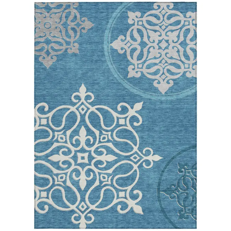 8' X 10' Teal Blue Gray And Ivory Floral Medallion Washable Indoor Outdoor Area Rug