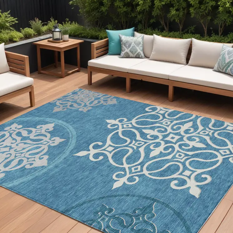 8' X 10' Teal Blue Gray And Ivory Floral Medallion Washable Indoor Outdoor Area Rug