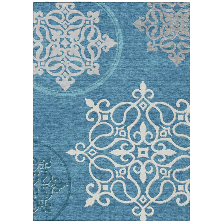 8' X 10' Teal Blue Gray And Ivory Floral Medallion Washable Indoor Outdoor Area Rug
