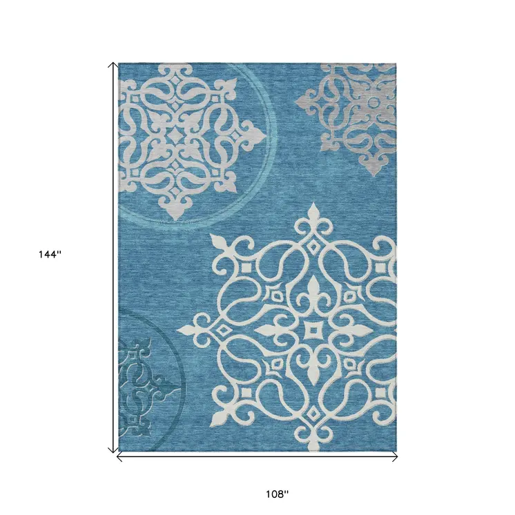 9' X 12' Teal Blue Gray And Ivory Floral Medallion Washable Indoor Outdoor Area Rug