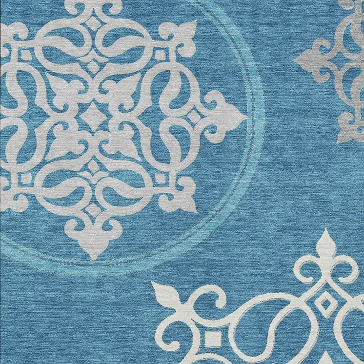 10' X 14' Teal Blue Gray And Ivory Floral Medallion Washable Indoor Outdoor Area Rug