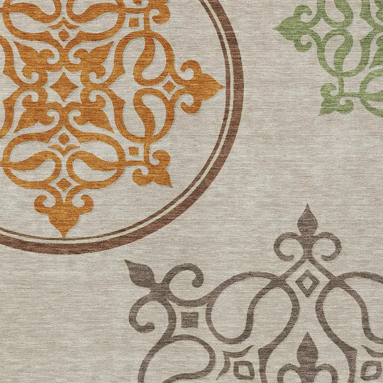 3' X 5' Taupe Floral Medallion Washable Indoor Outdoor Area Rug