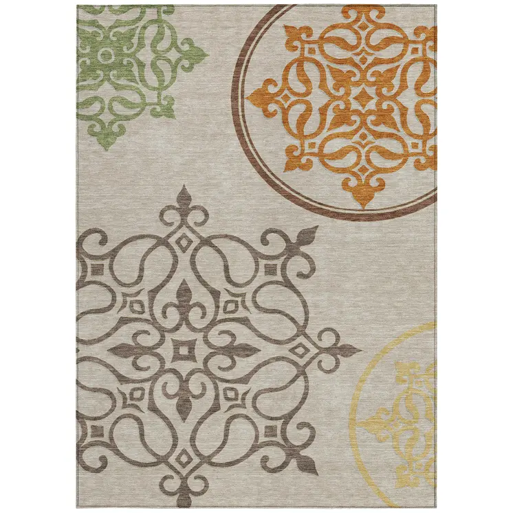 5' X 8' Taupe Floral Medallion Washable Indoor Outdoor Area Rug
