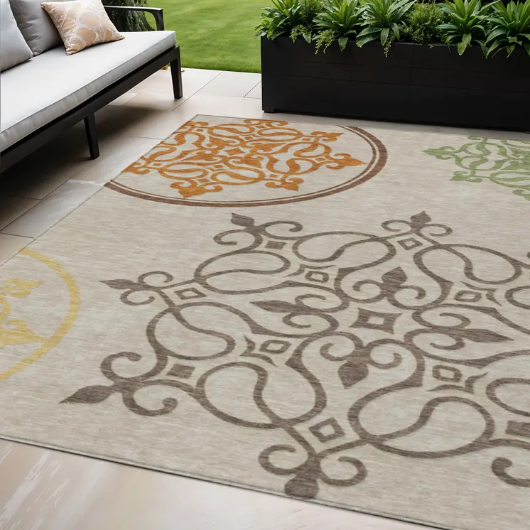 5' X 8' Taupe Floral Medallion Washable Indoor Outdoor Area Rug