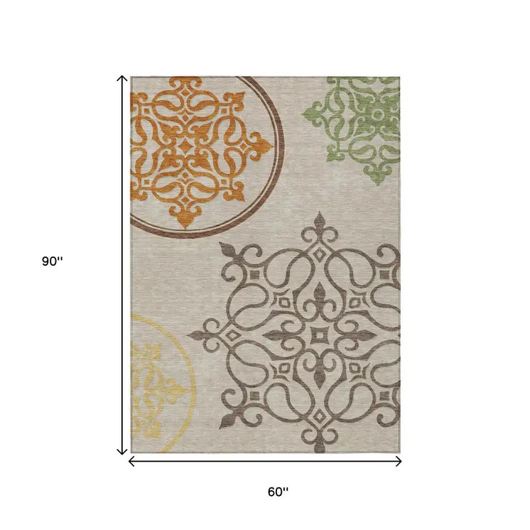 5' X 8' Taupe Floral Medallion Washable Indoor Outdoor Area Rug