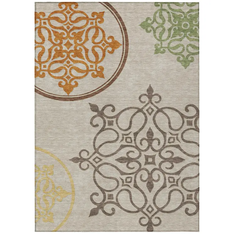 5' X 8' Taupe Floral Medallion Washable Indoor Outdoor Area Rug