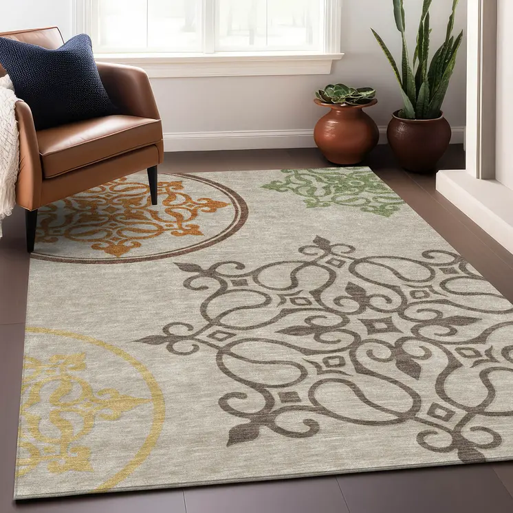 5' X 8' Taupe Floral Medallion Washable Indoor Outdoor Area Rug