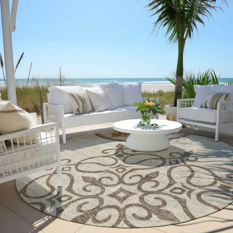 8' Taupe Round Floral Medallion Washable Indoor Outdoor Area Rug