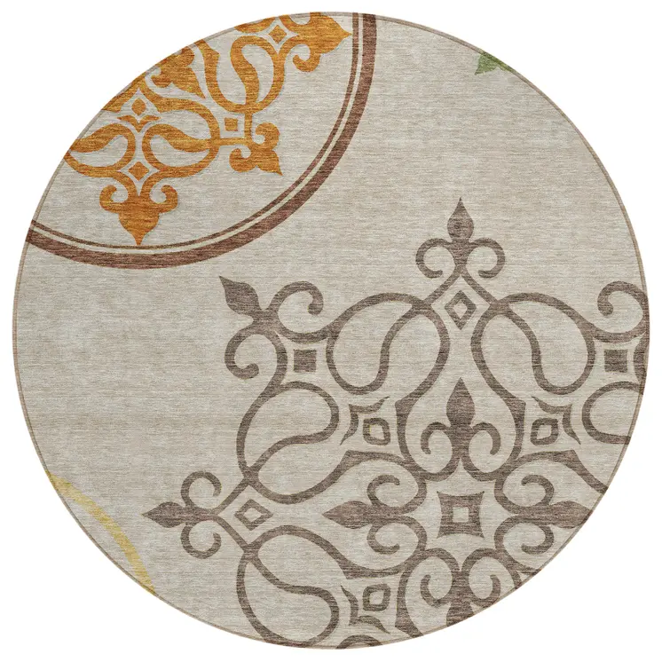 8' Taupe Round Floral Medallion Washable Indoor Outdoor Area Rug