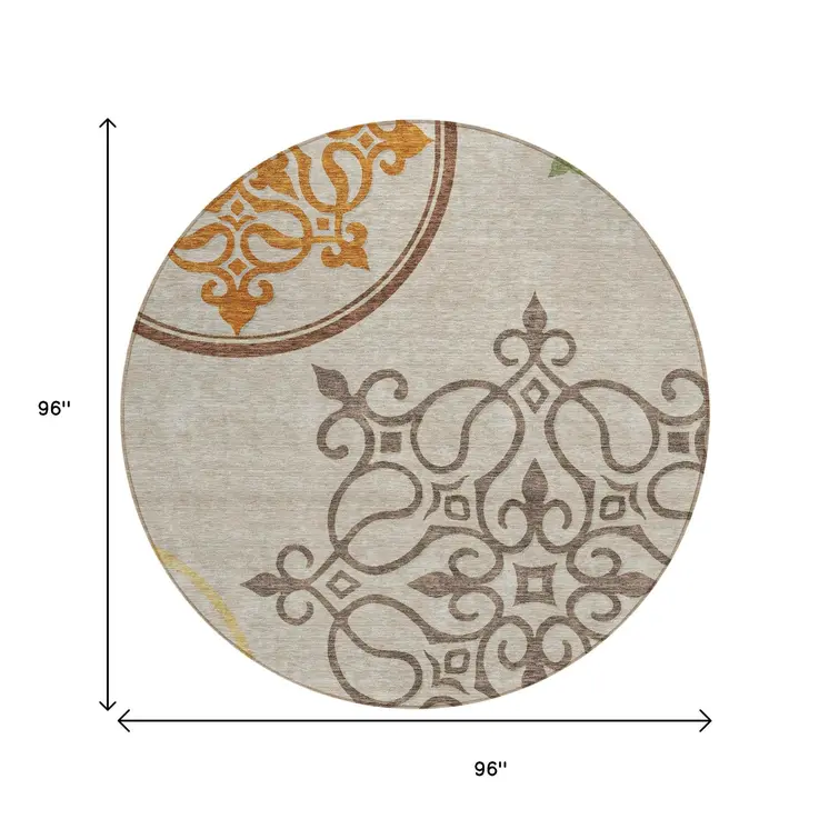 8' Taupe Round Floral Medallion Washable Indoor Outdoor Area Rug
