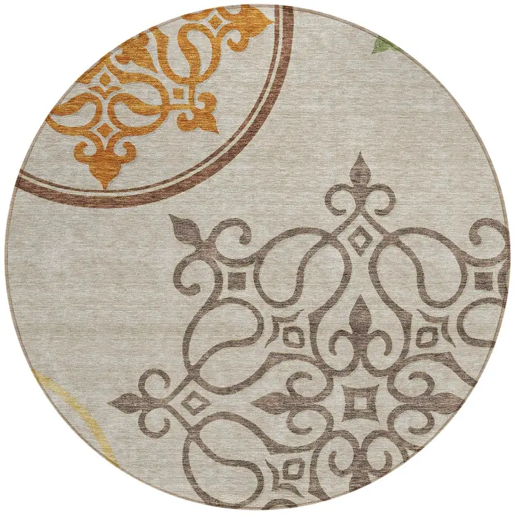 8' Taupe Round Floral Medallion Washable Indoor Outdoor Area Rug