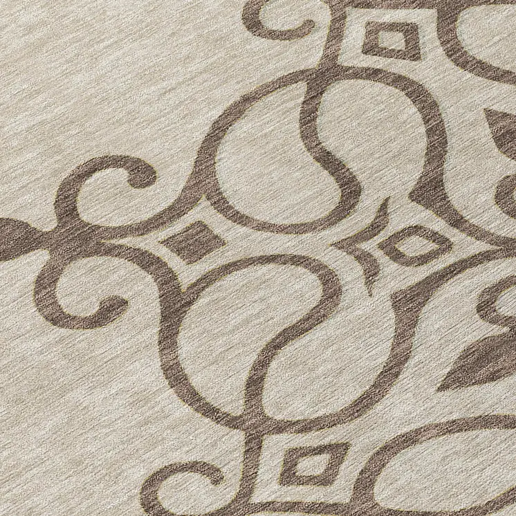 8' Taupe Round Floral Medallion Washable Indoor Outdoor Area Rug