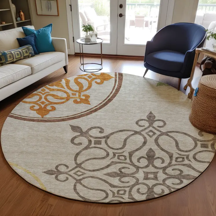 8' Taupe Round Floral Medallion Washable Indoor Outdoor Area Rug