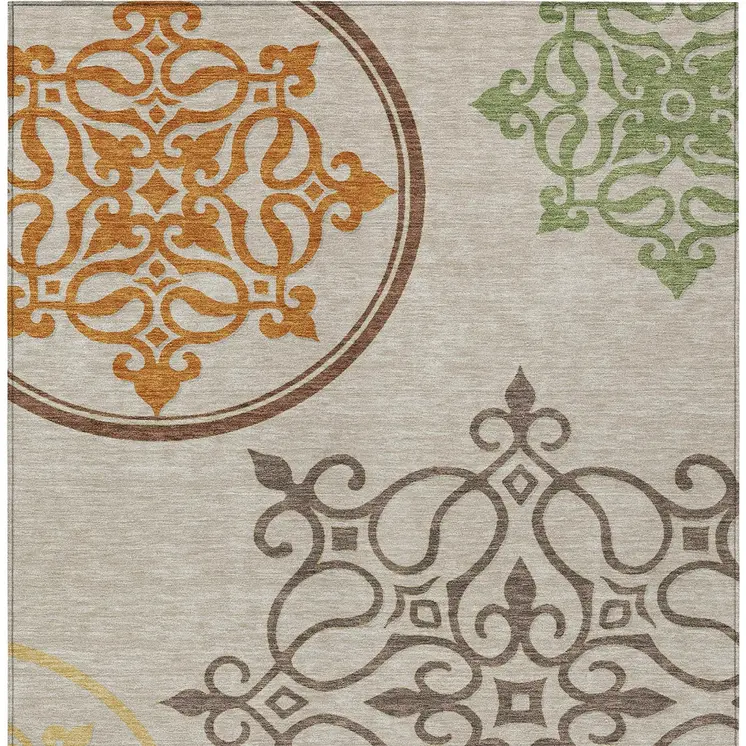 8' X 10' Taupe Floral Medallion Washable Indoor Outdoor Area Rug
