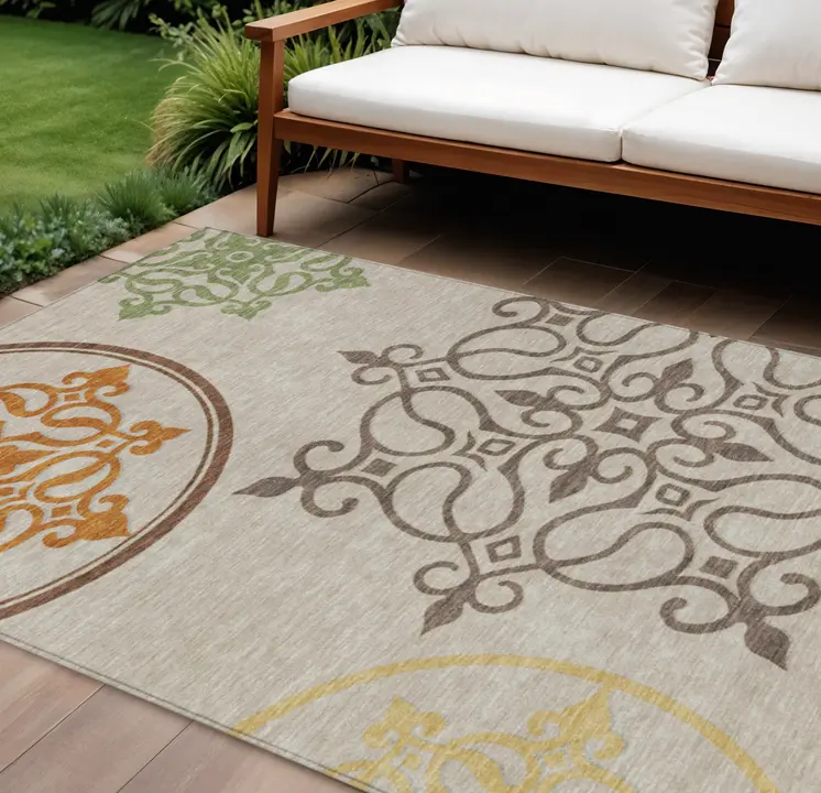 9' X 12' Taupe Floral Medallion Washable Indoor Outdoor Area Rug