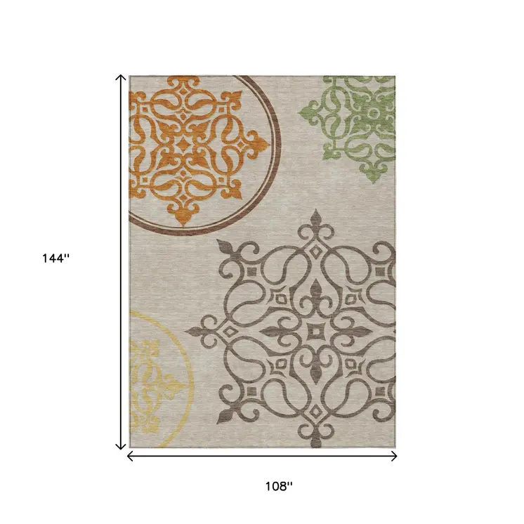9' X 12' Taupe Floral Medallion Washable Indoor Outdoor Area Rug