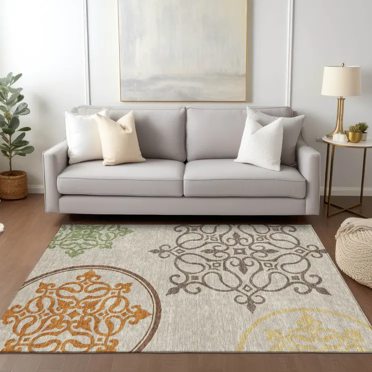 9' X 12' Taupe Floral Medallion Washable Indoor Outdoor Area Rug