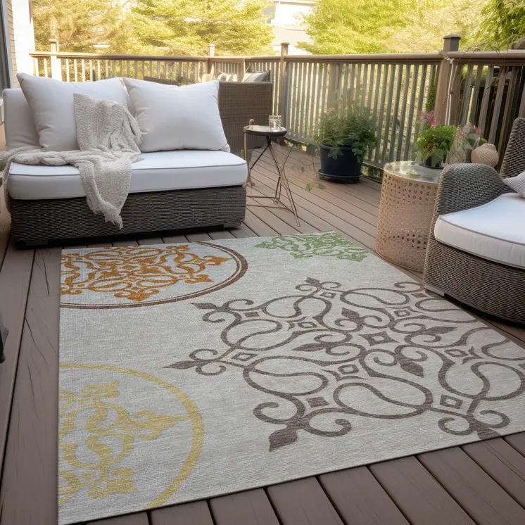 10' X 14' Taupe Floral Medallion Washable Indoor Outdoor Area Rug