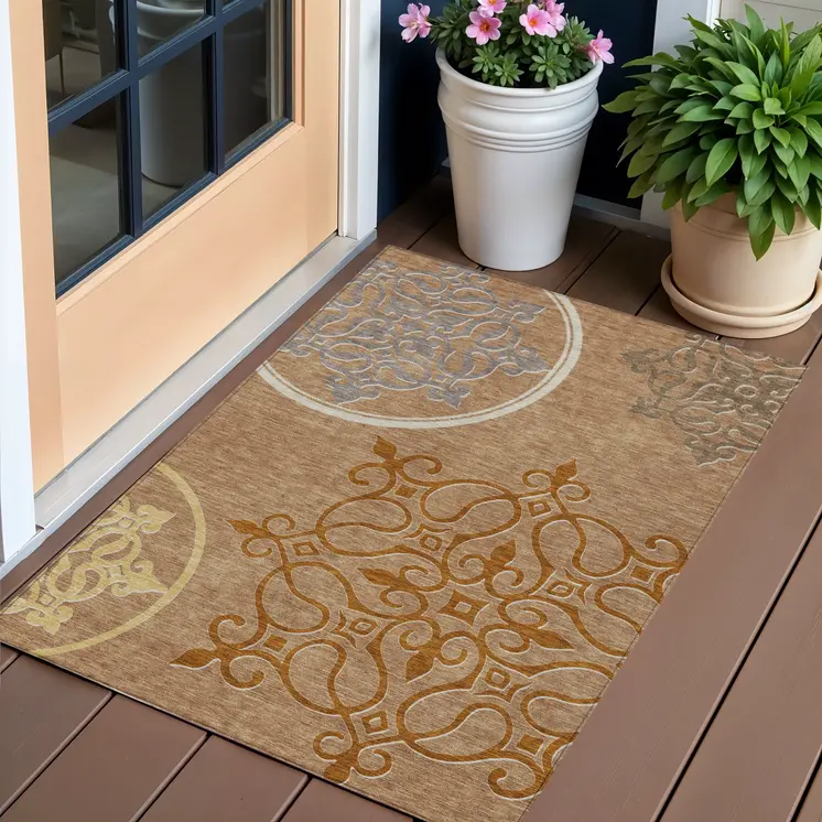 3' X 5' Terra Cotta Gold And Gray Floral Medallion Washable Indoor Outdoor Area Rug