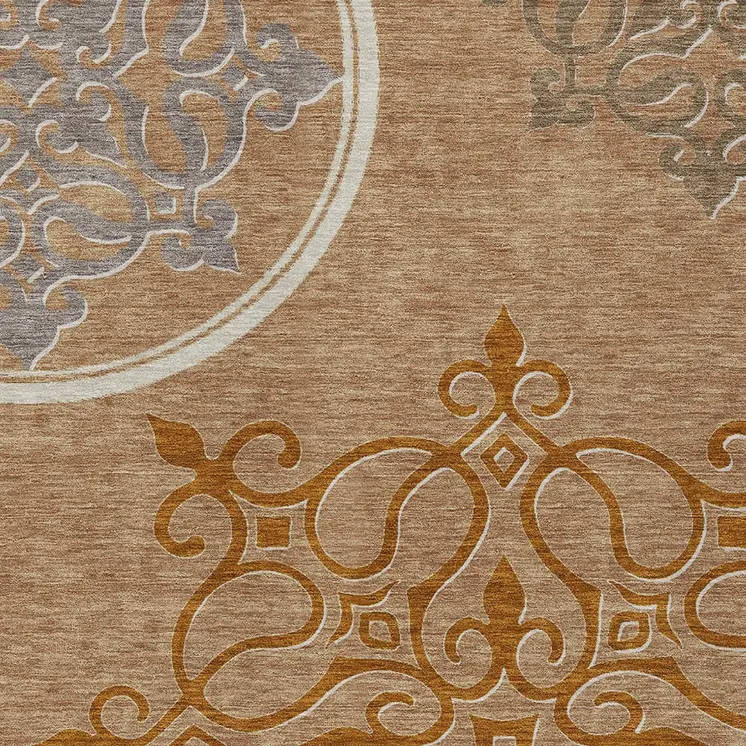 3' X 5' Terra Cotta Gold And Gray Floral Medallion Washable Indoor Outdoor Area Rug