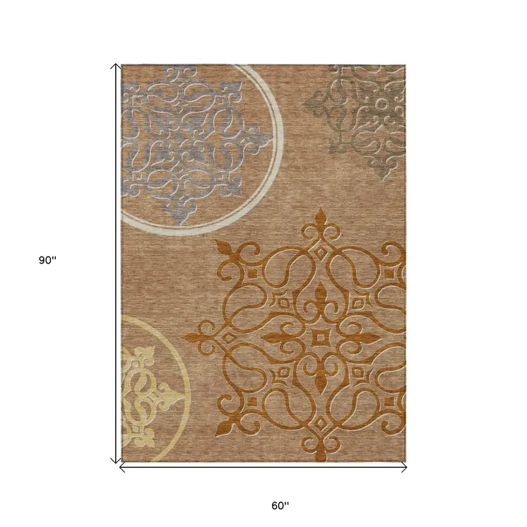 5' X 8' Terra Cotta Gold And Gray Floral Medallion Washable Indoor Outdoor Area Rug