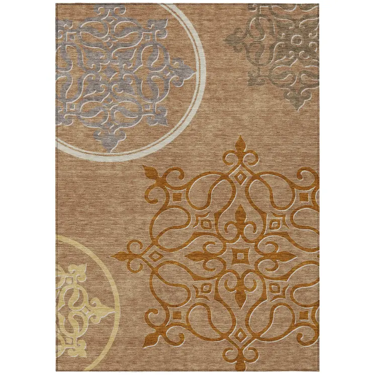 5' X 8' Terra Cotta Gold And Gray Floral Medallion Washable Indoor Outdoor Area Rug